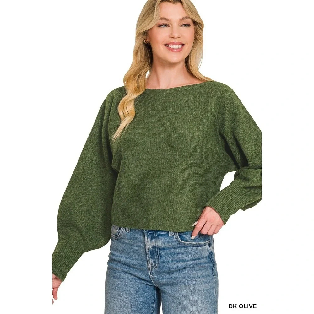 Zenana Boat Neck Balloon Sleeve Sweater - Dk Olive - Small - Picture 6 of 9